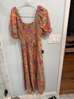 Floral Puff-Sleeve Midi Dress in Pink and Mustard